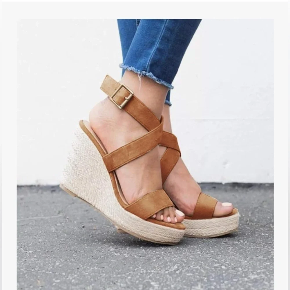 New Coutgo Women's Wedge Sandals Cross Strap Espadrille Platform Size 9 Brown